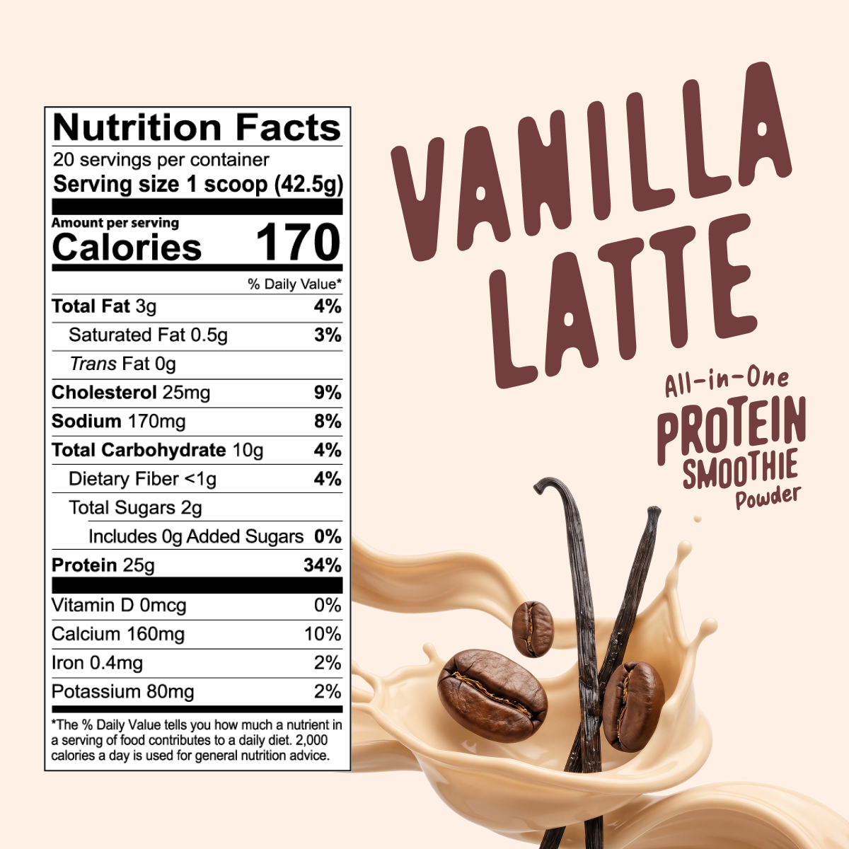 A nutrition facts label next to the Shop FlavCity Vanilla Latte Protein Smoothie powder, accompanied by a splash of tan liquid, two coffee beans, and two vanilla beans.