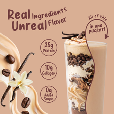 A glass of FlavCity Protein Smoothie Single-Serve Vanilla Latte layered with coffee beans, vanilla beans, and grass-fed whey, with text highlights for 25g protein, 10g collagen, and 0g added sugar.