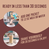 To prepare the Shop FlavCity Protein Smoothie Single-Serve Vanilla Latte, pour one packet into 12 ounces of liquid, shake for 20 seconds, and serve.