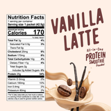Nutrition facts label for a FlavCity Protein Smoothie Single-Serve Vanilla Latte, featuring coffee beans and vanilla beans splashing into a creamy, grass-fed whey liquid.