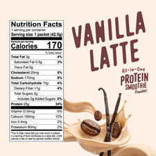 Nutrition facts label for a FlavCity Protein Smoothie Single-Serve Vanilla Latte, featuring coffee beans and vanilla beans splashing into a creamy, grass-fed whey liquid.
