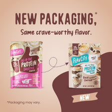 Two pouches of Shop FlavCity Protein Smoothie Single-Serve Vanilla Latte are shown side-by-side to illustrate a package design update, with an arrow indicating the transition to the new look.