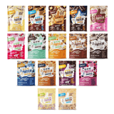 A grid of 16 Shop FlavCity Protein Smoothie: Single-Serve Packets in chocolate, vanilla, coffee, and berry flavors is arranged in three rows against a white background.