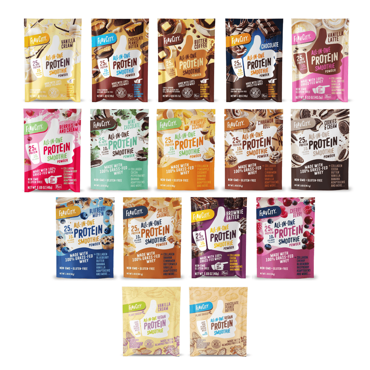 A grid of 16 Shop FlavCity Protein Smoothie: Single-Serve Packets in chocolate, vanilla, coffee, and berry flavors is arranged in three rows against a white background.