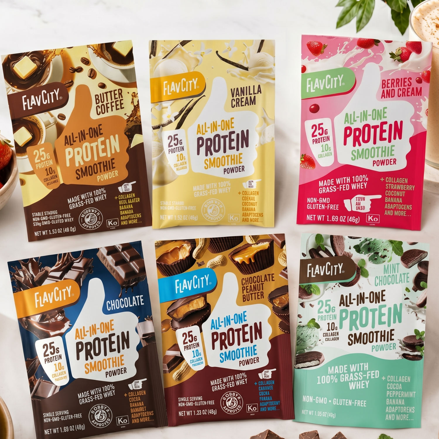 Six Build Your Own Protein Smoothie Packets from Shop FlavCity—featuring flavors like Butter Coffee, Vanilla Cream, Berries and Cream, Chocolate, Peanut Butter Chocolate, and Mint Chocolate—each enriched with collagen and functional mushrooms—are arranged on a white surface.