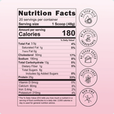Here is a rewritten sentence based on your product data: The nutrition facts label for Shop FlavCity’s Berries & Cream Protein Smoothie powder shows 180 calories per serving, with icons to the right indicating it’s free from seed oils, artificial ingredients, added sugar, gluten, and is non-GMO. Made with grass-fed whey protein and collagen protein for optimal nutrition.