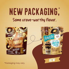 Two bags of FlavCity Butter Coffee Protein Smoothie powder side by side, showing old and new packaging designs with text highlighting 25 grams of protein.