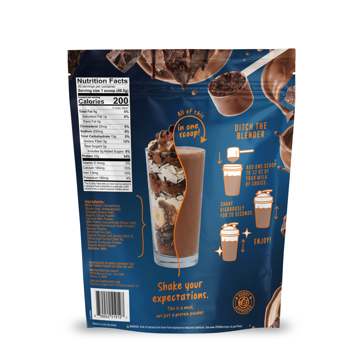 The back of the Shop FlavCity Chocolate Protein Smoothie bag displays a nutrition label, mixing directions, and images of a chocolate protein smoothie with mix-ins. Set against a blue background with orange text and graphics, it features premium grass-fed whey and highlights the phrase “Shake your expectations” near the bottom.