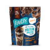 Shop FlavCity Chocolate Protein Smoothie bag showcases chocolate and banana smoothie graphics, emphasizing 25g grass-fed whey protein, 10g collagen, real ingredients, and 20 servings on the front—ideal for blending a rich chocolate protein smoothie.