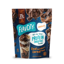 Shop FlavCity Chocolate Protein Smoothie bag showcases chocolate and banana smoothie graphics, emphasizing 25g grass-fed whey protein, 10g collagen, real ingredients, and 20 servings on the front—ideal for blending a rich chocolate protein smoothie.
