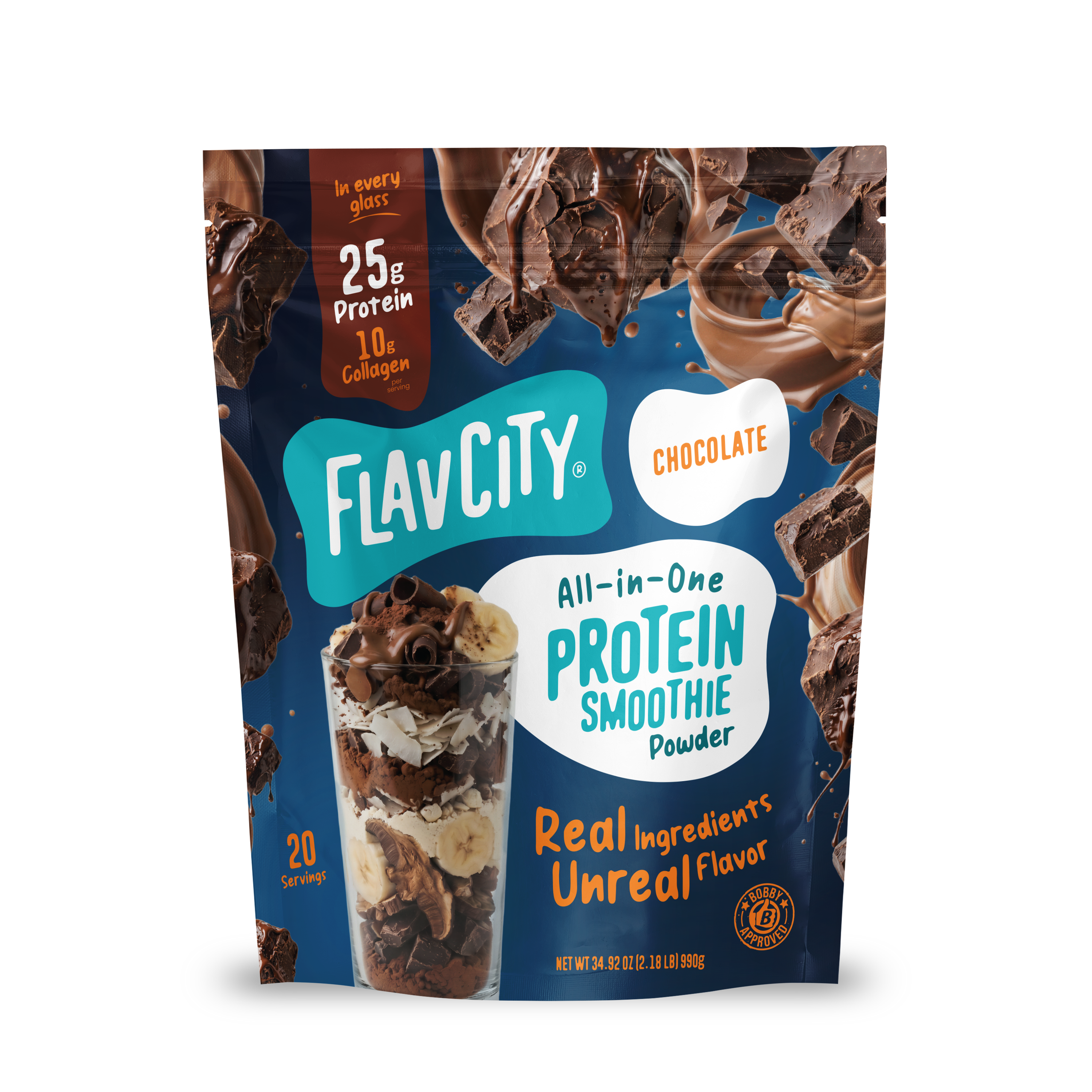 Shop FlavCity Chocolate Protein Smoothie bag showcases chocolate and banana smoothie graphics, emphasizing 25g grass-fed whey protein, 10g collagen, real ingredients, and 20 servings on the front—ideal for blending a rich chocolate protein smoothie.