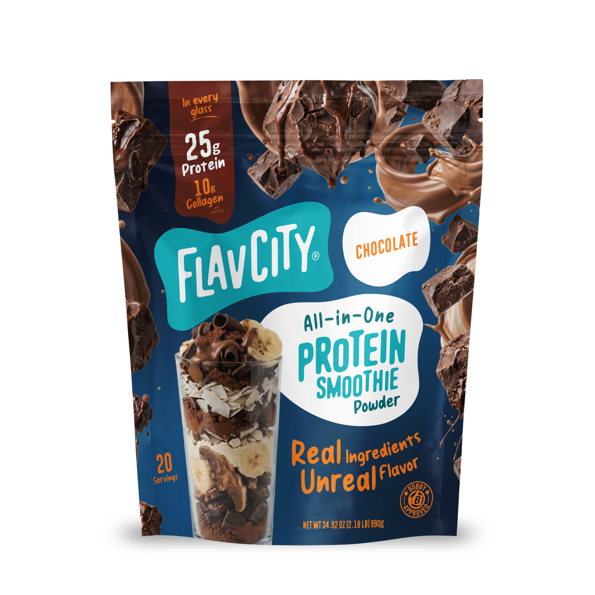 Shop FlavCity Chocolate Protein Smoothie bag showcases chocolate and banana smoothie graphics, emphasizing 25g grass-fed whey protein, 10g collagen, real ingredients, and 20 servings on the front—ideal for blending a rich chocolate protein smoothie.
