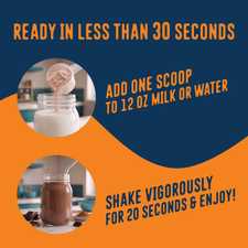 A jar of Shop FlavCity Chocolate Protein Smoothie with a scoop over milk and a chocolate shake in a glass. Text says: Ready in under 30 seconds—add one scoop of Shop FlavCity Chocolate Protein Smoothie to 12 oz of milk or water, shake for 20 seconds, and enjoy a rich, chocolatey protein smoothie.