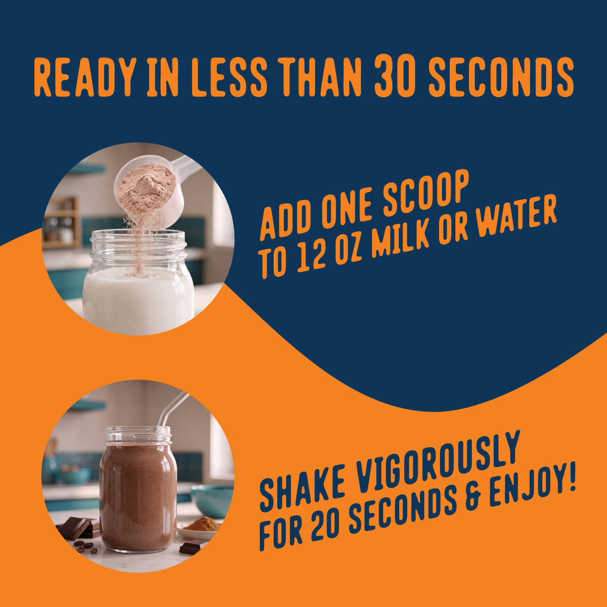 A jar of Shop FlavCity Chocolate Protein Smoothie with a scoop over milk and a chocolate shake in a glass. Text says: Ready in under 30 seconds—add one scoop of Shop FlavCity Chocolate Protein Smoothie to 12 oz of milk or water, shake for 20 seconds, and enjoy a rich, chocolatey protein smoothie.