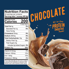 Shop FlavCity Chocolate Protein Smoothie next to a splash of vanilla liquid and two dark chocolate chunks, with a nutrition facts label shown.