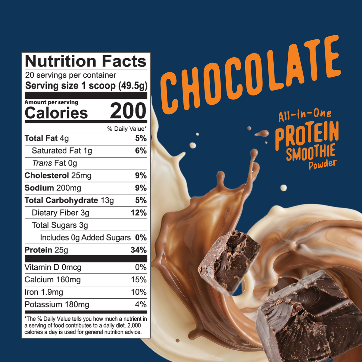 Shop FlavCity Chocolate Protein Smoothie next to a splash of vanilla liquid and two dark chocolate chunks, with a nutrition facts label shown.