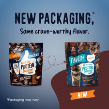 Comparison of old and new FlavCity Chocolate Protein Smoothie packaging, showing both bags featuring text about 25 grams of grass-fed whey protein and 10 grams of collagen.