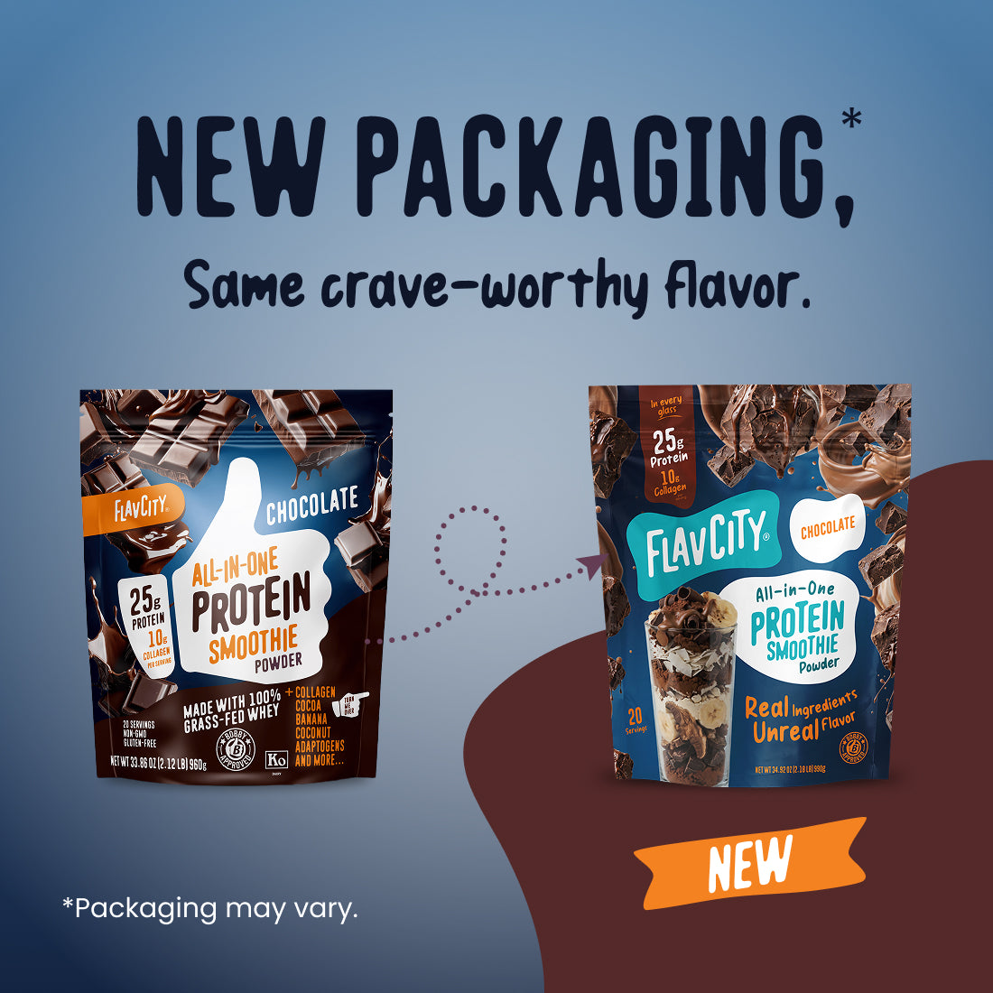 Comparison of old and new FlavCity Chocolate Protein Smoothie packaging, showing both bags featuring text about 25 grams of grass-fed whey protein and 10 grams of collagen.