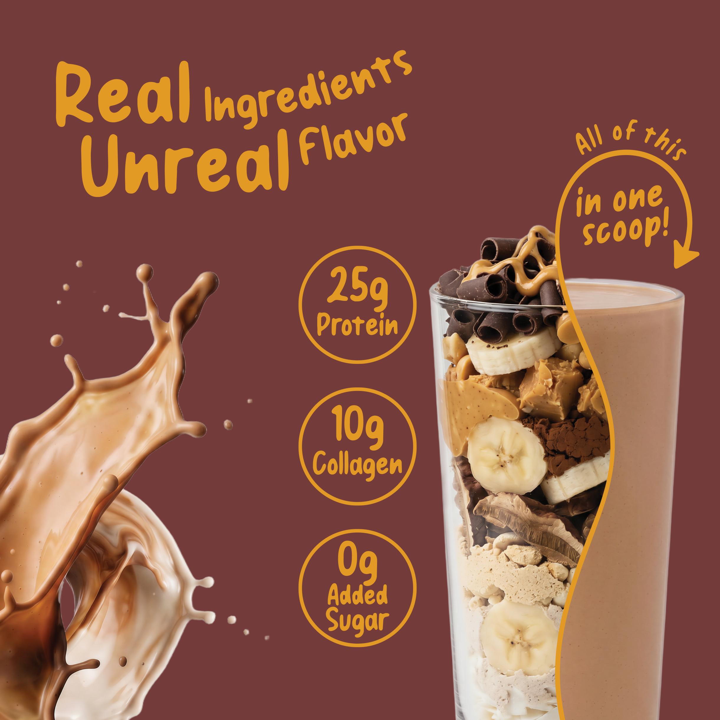 A Shop FlavCity Chocolate Peanut Butter Protein Smoothie in a glass, topped with sliced bananas, peanut butter, and chocolate shavings, beside text stating 25g Protein, 10g Collagen, and 0g Added Sugar.
