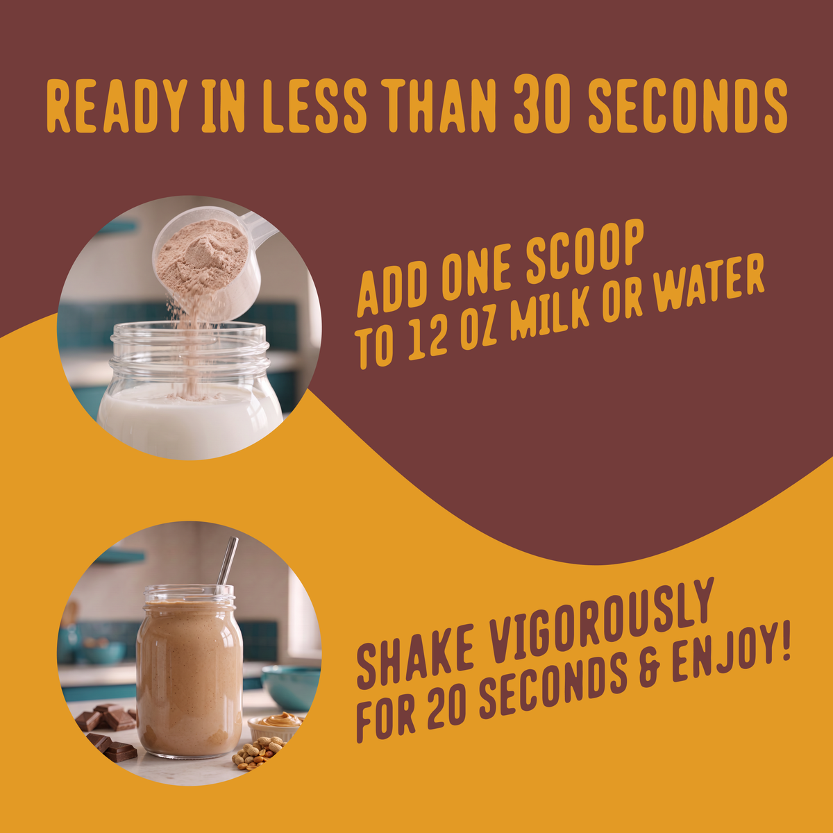 Two circular images show how to prepare a Chocolate Peanut Butter Protein Smoothie: first, a scoop of protein being poured into liquid; second, the finished smoothie in a jar. Text: Ready in under 30 seconds, add one scoop to 12 oz liquid & shake.
