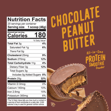 Nutrition facts label next to text for a Shop FlavCity Chocolate Peanut Butter Protein Smoothie and images of peanut butter cups with a creamy center.