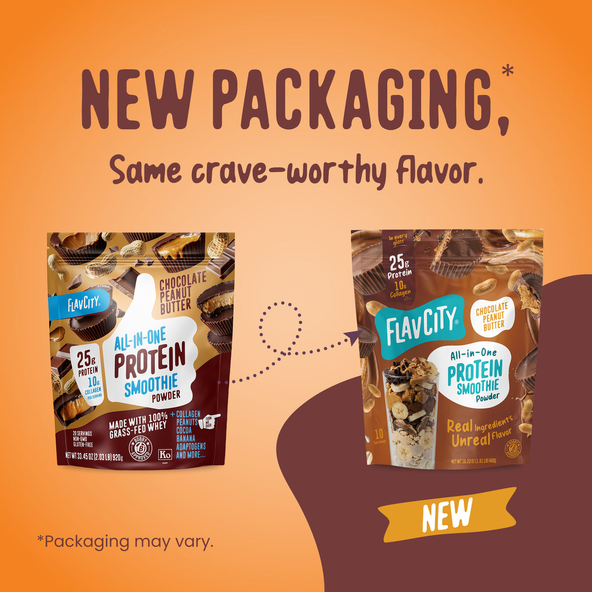 Two side-by-side bags of Shop FlavCity Chocolate Peanut Butter Protein Smoothie powder showing a comparison between the old and new packaging designs.