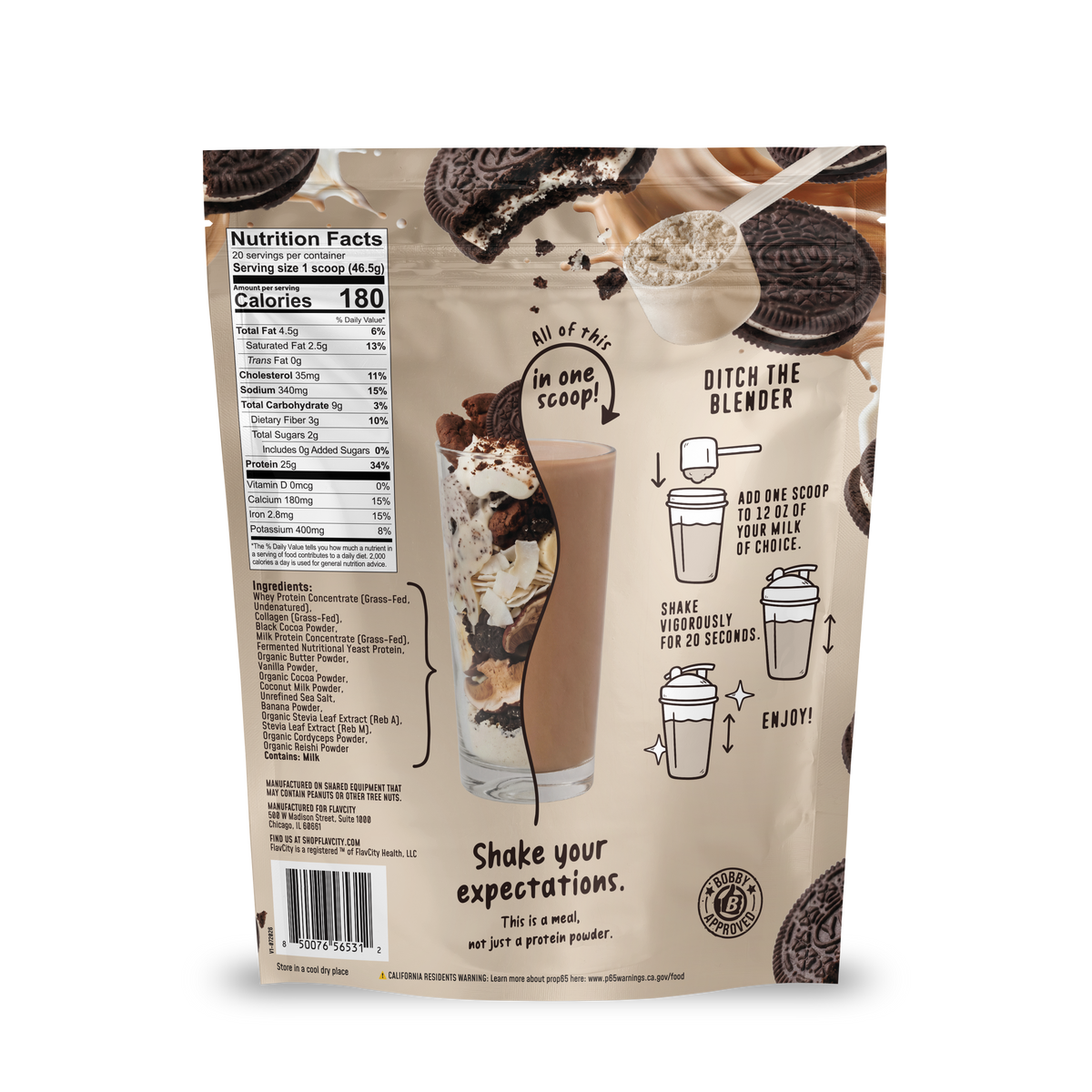 A Shop FlavCity Cookies & Cream Protein Smoothie package displays a Cookies & Cream Protein Smoothie shake, nutrition facts, and illustrated mixing instructions. The text says: Shake your expectations. This is a meal, not just a protein powder—crafted with collagen and premium grass-fed whey for delicious nourishment.
