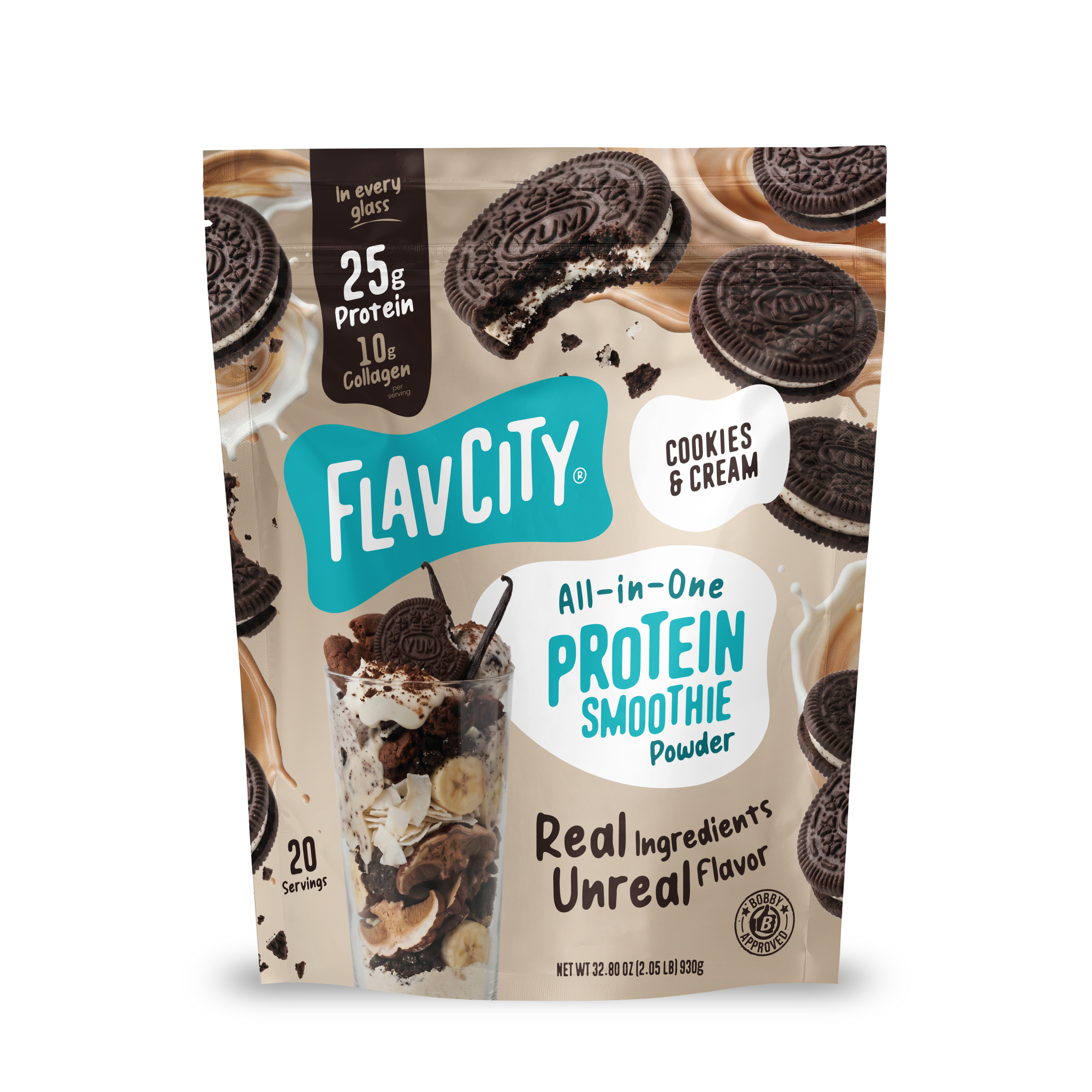 A bag of Shop FlavCity Cookies & Cream Protein Smoothie, made with grass-fed whey and 10g collagen, is pictured next to tasty cookies and a creamy smoothie. The packaging showcases 25g of protein per serving from real ingredients, with each bag providing 20 servings.