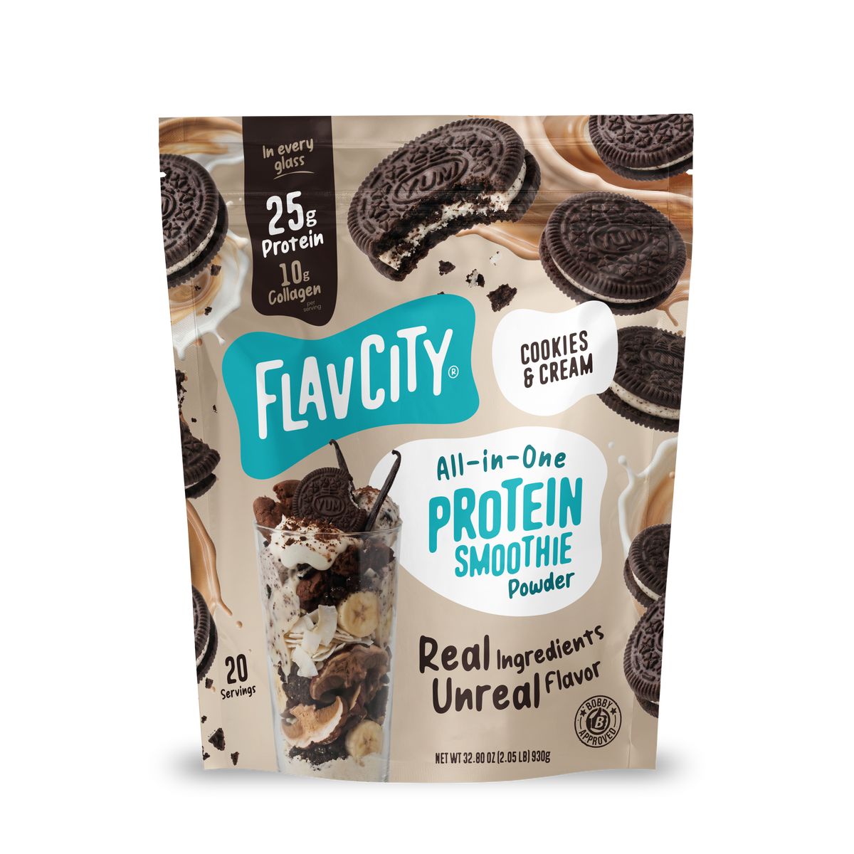 A bag of Shop FlavCity Cookies & Cream Protein Smoothie, made with grass-fed whey and 10g collagen, is pictured next to tasty cookies and a creamy smoothie. The packaging showcases 25g of protein per serving from real ingredients, with each bag providing 20 servings.