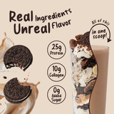 A glass brimming with Shop FlavCity’s Cookies & Cream Protein Smoothie—deliciously layered with chocolate dessert, cookies, and cream—packs an impressive punch: 25g grass-fed whey protein, 10g collagen, and 0g added sugar. Text reads: Real Ingredients, Unreal Flavor—all in just one scoop!.