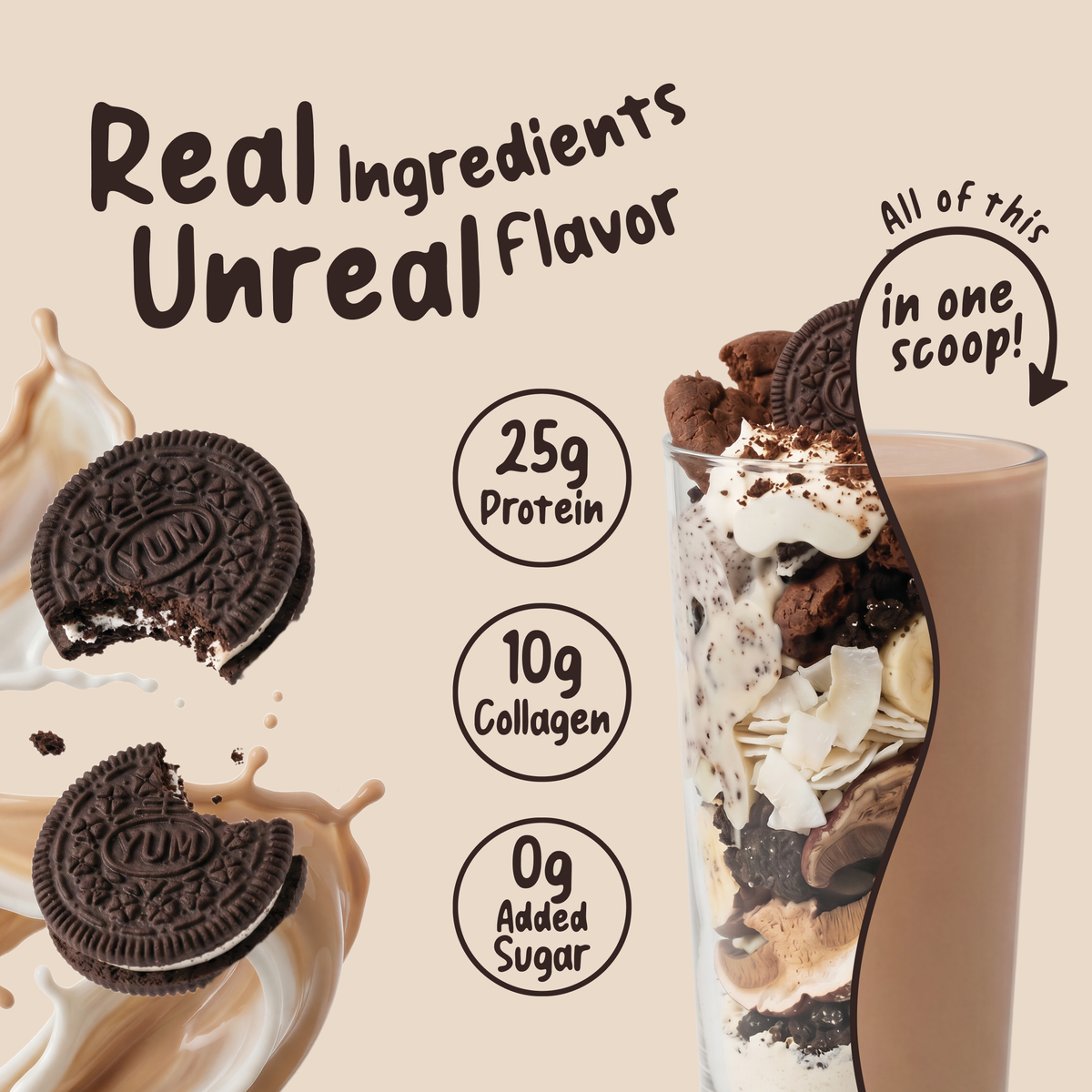 A glass brimming with Shop FlavCity’s Cookies & Cream Protein Smoothie—deliciously layered with chocolate dessert, cookies, and cream—packs an impressive punch: 25g grass-fed whey protein, 10g collagen, and 0g added sugar. Text reads: Real Ingredients, Unreal Flavor—all in just one scoop!.
