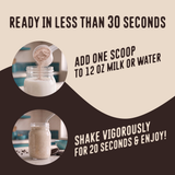 Pour 12 oz of milk or water into a jar, add one scoop of Shop FlavCity Cookies & Cream Protein Smoothie—made with grass-fed whey and collagen—shake for 20 seconds, and enjoy your delicious shake!.
