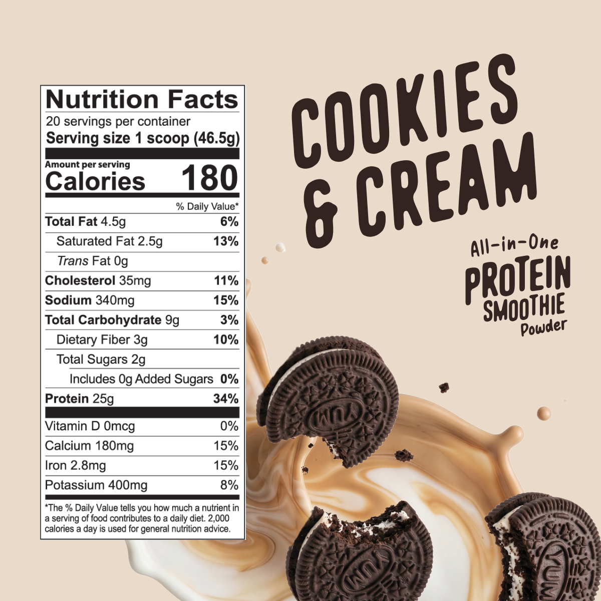 Nutrition facts label next to a Shop FlavCity Cookies & Cream Protein Smoothie powder, with a splash of milk and three chocolate sandwich cookies.