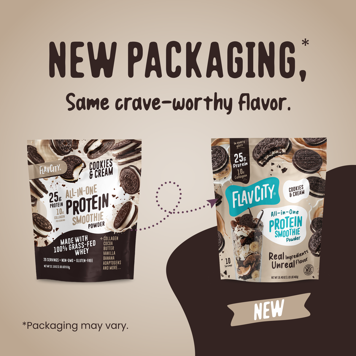 Two Shop FlavCity Cookies & Cream Protein Smoothie bags are shown side by side. On the left is the old packaging; on the right, the new packaging highlights grass-fed whey and collagen. Text reads: NEW PACKAGING, Same crave-worthy flavor. Packaging may vary.