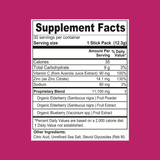 Supplement Facts label for the Shop FlavCity Immunity Tea - Elderberry stick pack, displaying ingredients including vitamin C, zinc, sodium, elderberry and blueberry extracts, along with their nutritional values and daily percentages on a white background bordered in pink.