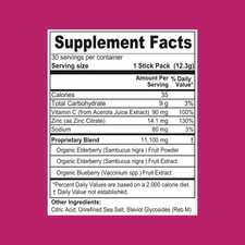 Supplement Facts label for the Shop FlavCity Immunity Tea - Elderberry stick pack, displaying ingredients including vitamin C, zinc, sodium, elderberry and blueberry extracts, along with their nutritional values and daily percentages on a white background bordered in pink.
