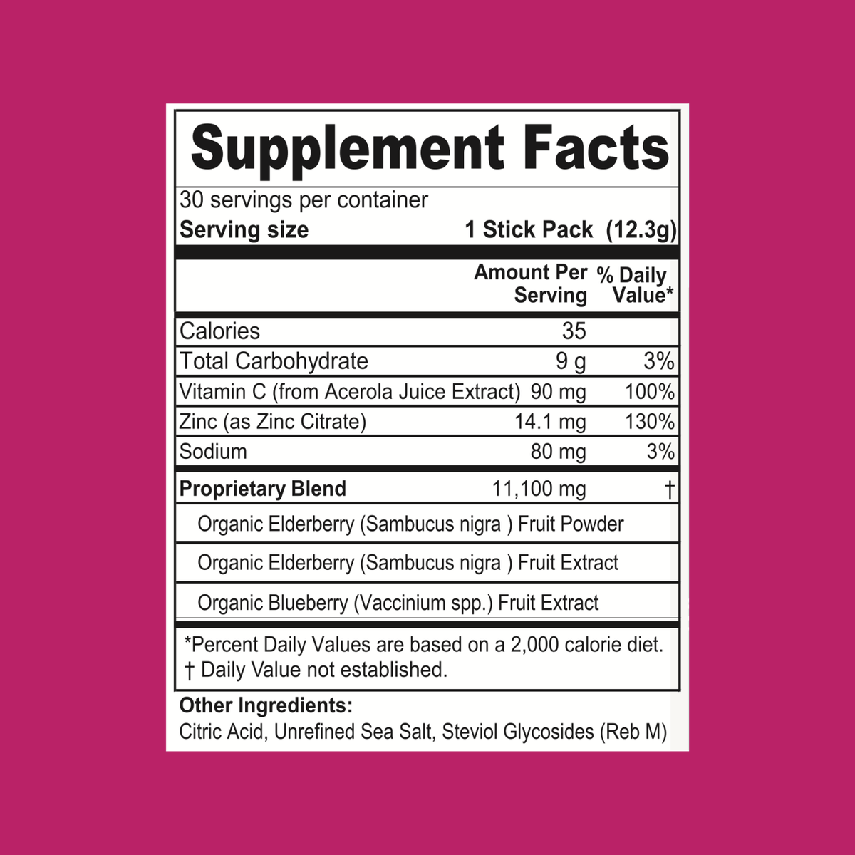 Supplement Facts label for the Shop FlavCity Immunity Tea - Elderberry stick pack, displaying ingredients including vitamin C, zinc, sodium, elderberry and blueberry extracts, along with their nutritional values and daily percentages on a white background bordered in pink.