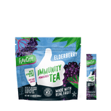 Shop FlavCity’s Immunity Tea - Elderberry comes in eye-catching packaging adorned with lively elderberry artwork and prominently displays the inclusion of Vitamin C & Zinc. Just mix with water to savor this delicious blend, made with real fruit. The display showcases both a main bag and a handy single stick pack for convenient, on-the-go immunity support.