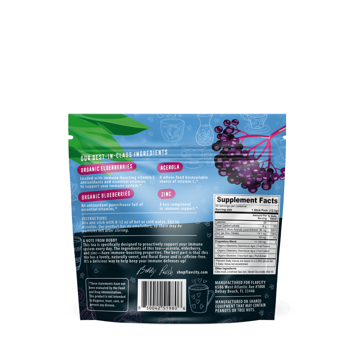 Back of a Shop FlavCity Immunity Tea - Elderberry package displaying ingredients, supplement facts, and a brand note. An illustration of elderberries—emphasizing their natural immune support—alongside decorative leaves appears on a blue background.
