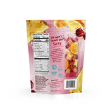 Back of a Shop FlavCity Fruit Punch Electrolyte Mix pouch showing the Nutrition Facts, ingredients, directions, and circular logos for keto, gluten-free, and non-GMO certifications.