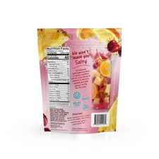 Back of a Shop FlavCity Fruit Punch Electrolyte Mix pouch showing the Nutrition Facts, ingredients, directions, and circular logos for keto, gluten-free, and non-GMO certifications.