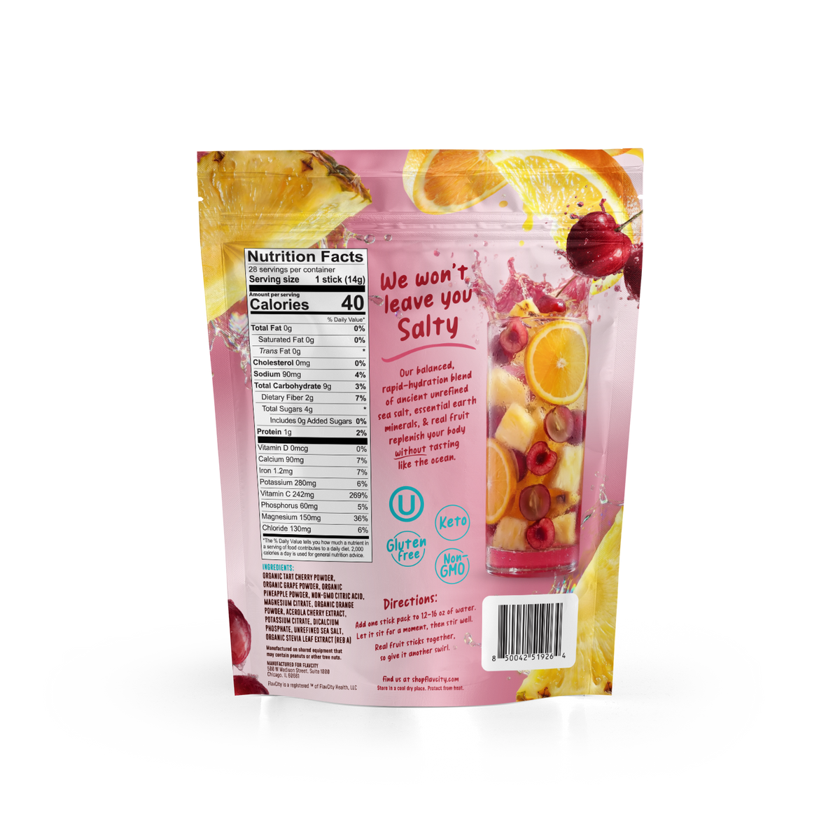 Back of a Shop FlavCity Fruit Punch Electrolyte Mix pouch showing the Nutrition Facts, ingredients, directions, and circular logos for keto, gluten-free, and non-GMO certifications.