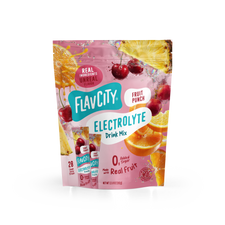 Pouch of Fruit Punch Electrolyte Mix featuring graphics of cherries, orange slices, and pineapple wedges.