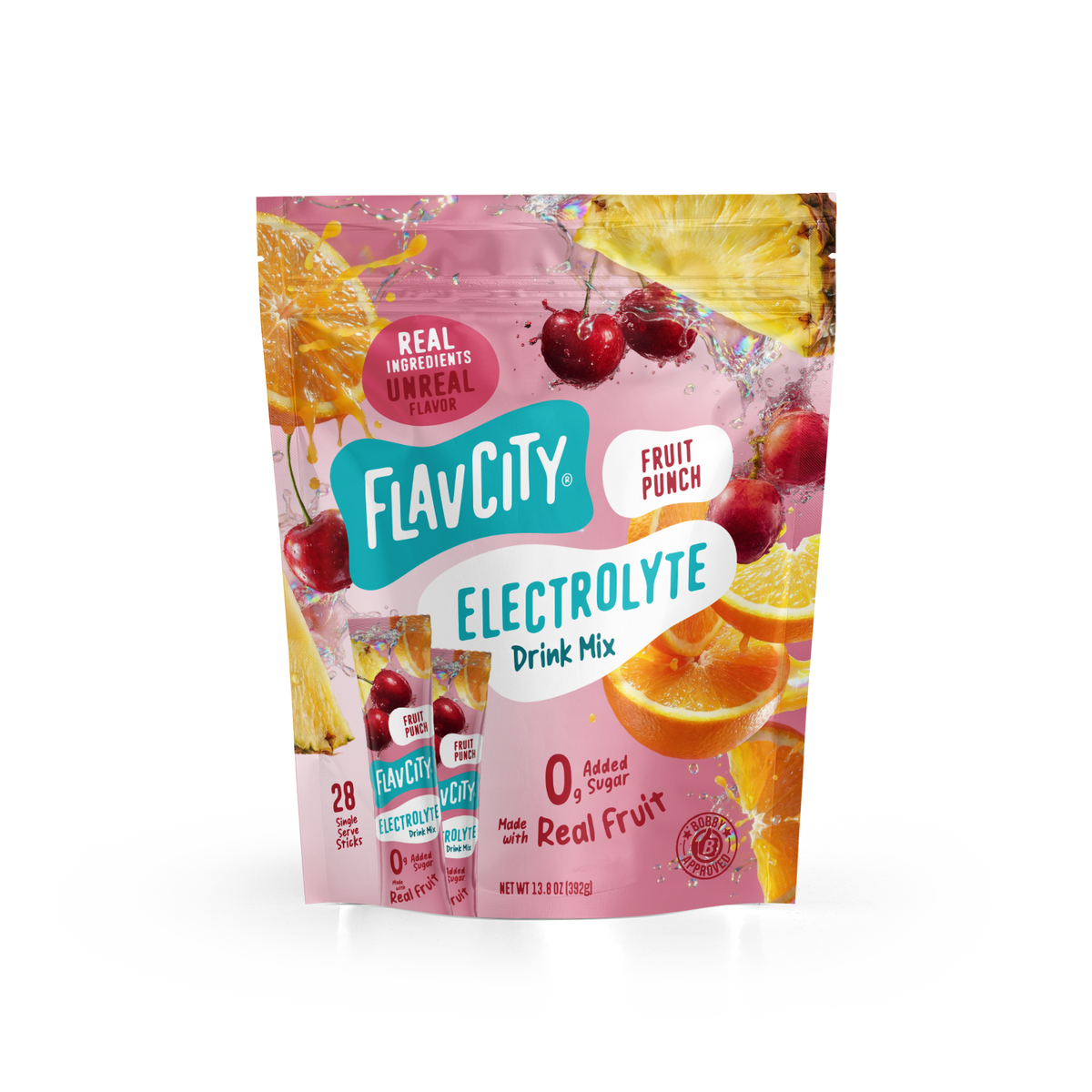 Pouch of Fruit Punch Electrolyte Mix featuring graphics of cherries, orange slices, and pineapple wedges.