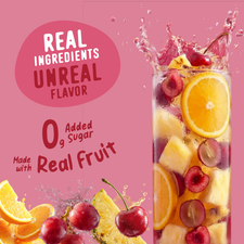 A tall glass of Fruit Punch Electrolyte Mix splashing beside fresh oranges, cherries, and pineapple, with text reading Real ingredients, unreal flavor and 0g added sugar, made with real fruit.