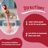 A stick pack pours pink Fruit Punch Electrolyte Mix into a glass of water, with instructions to add one stick pack of this drink mix to 12-16 ounces of water and stir.
