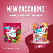 Two pouches of Fruit Punch Electrolyte Mix by Shop FlavCity, displayed to show the transition from the old to the new packaging design.