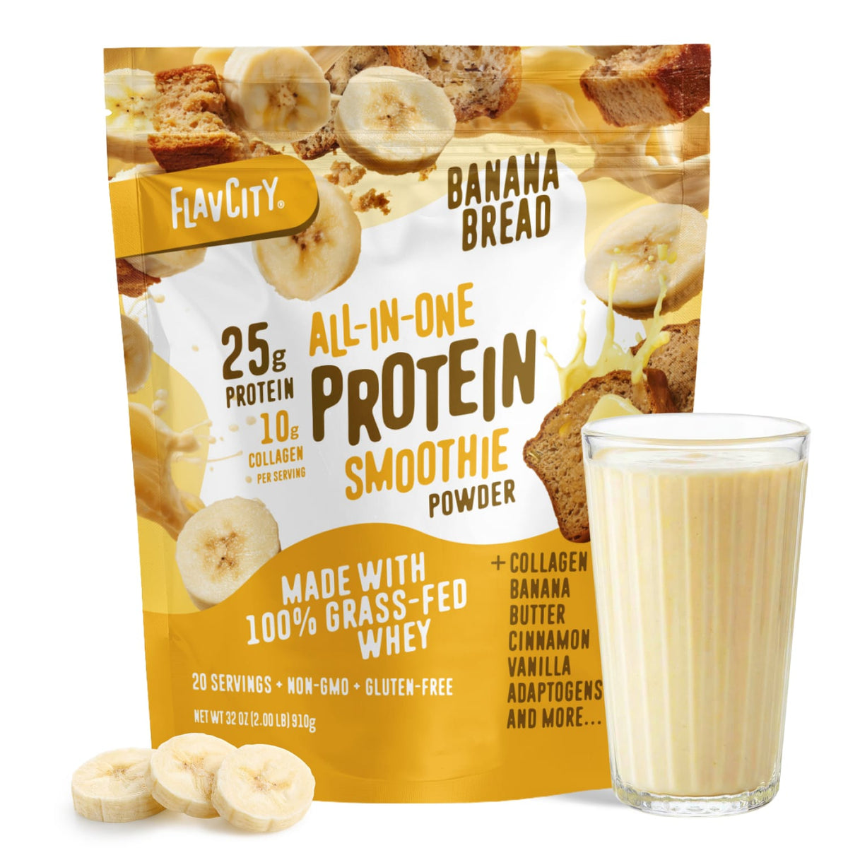 A pouch of Shop FlavCity Banana Bread Protein Smoothie is shown beside a smoothie glass and banana slices. The package highlights 25g grass-fed whey protein, 10g collagen protein, plus banana, cinnamon, and vanilla ingredients.
