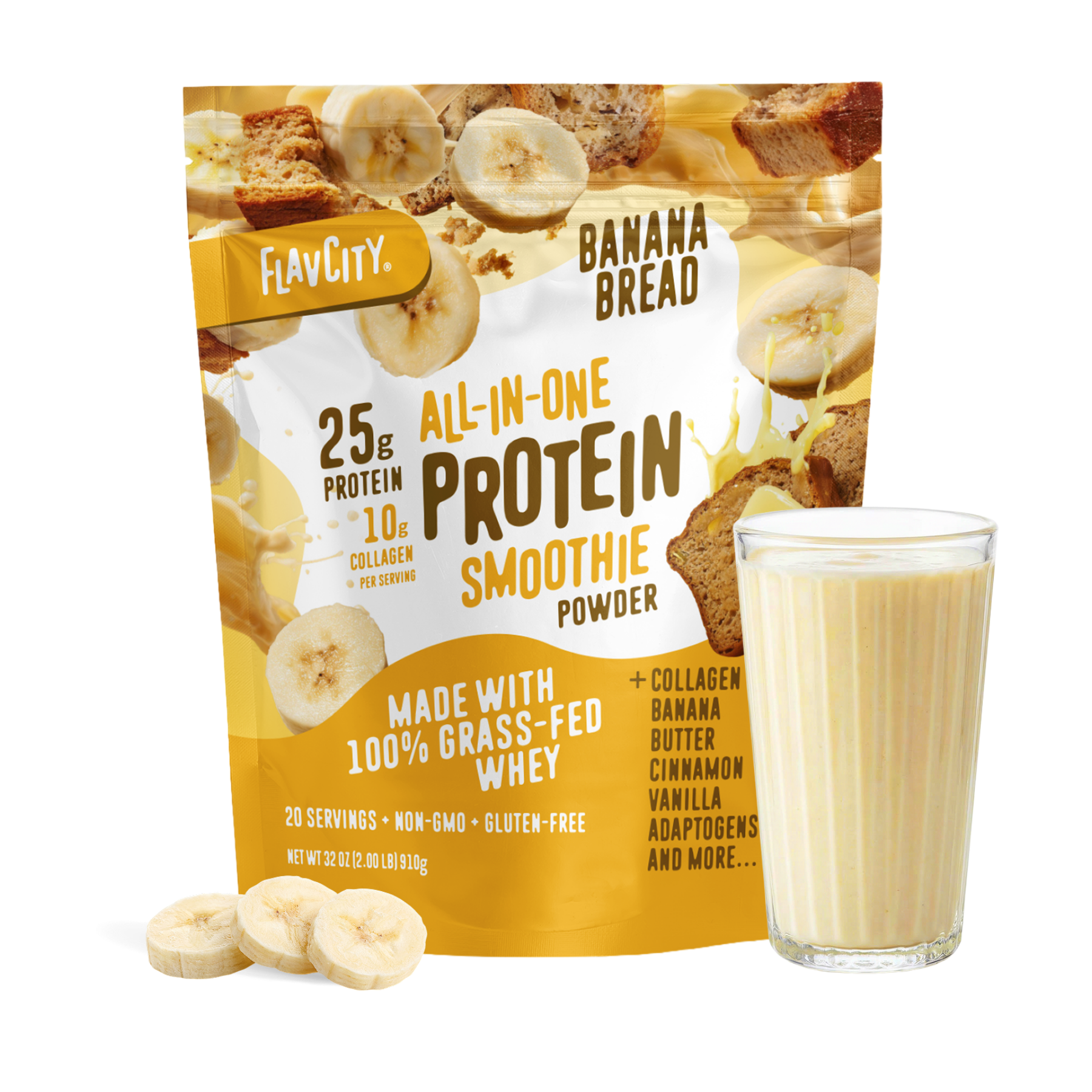 A bag of Shop FlavCity Banana Bread Protein Smoothie stands next to a filled glass, banana slices, and chunks of banana bread on a white background.