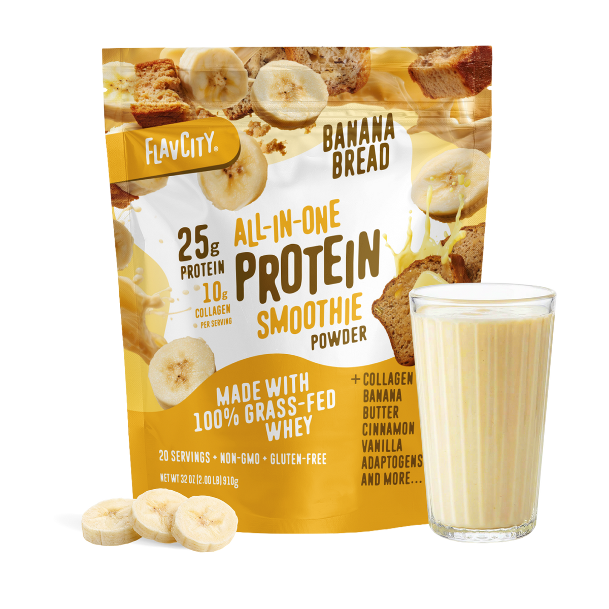 A bag of Shop FlavCity Banana Bread Protein Smoothie stands next to a filled glass, banana slices, and chunks of banana bread on a white background.